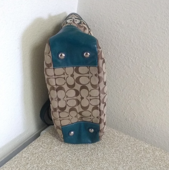 Coach Jacquard Teal Leather Trim Shoulder Bag. - Picture 2 of 8